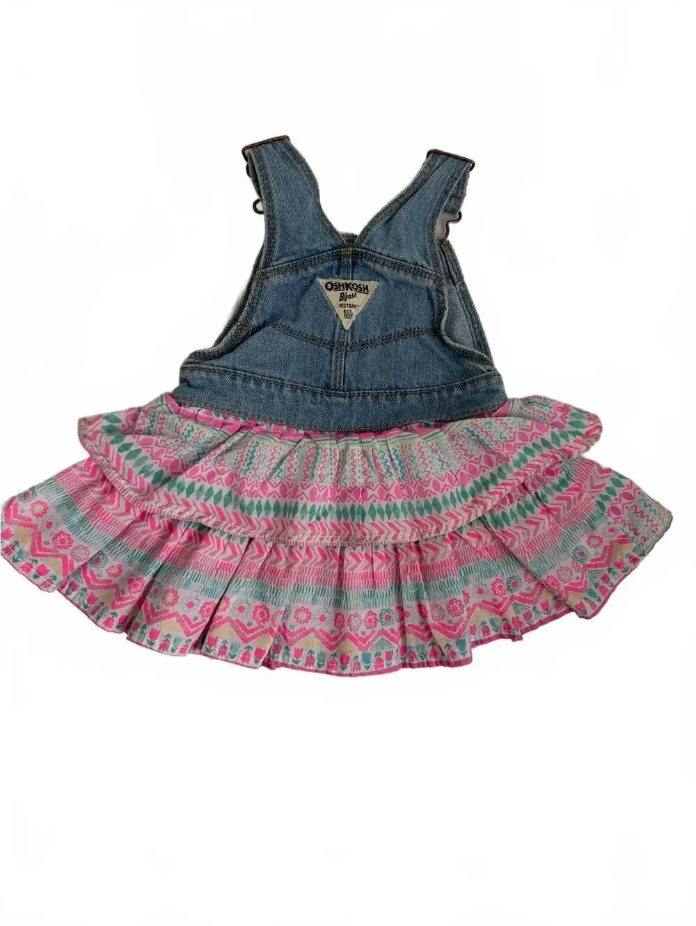 Oshkosh | Baby‎ Girls Denim Overall Dress Romper Pink Turquoise Size 9 Mo